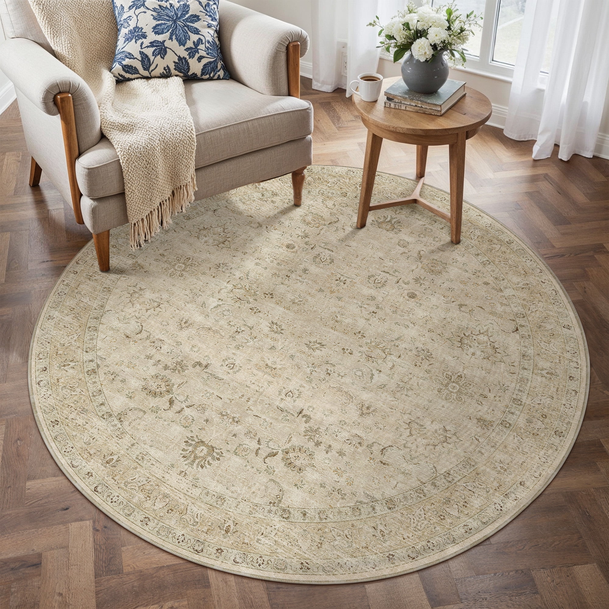 berthmeer 6'ã—6' round area rugs for living room dining room bedroom office oriental floral vintage farmhouse machine washable non-slip traditional distressed carpets, beige