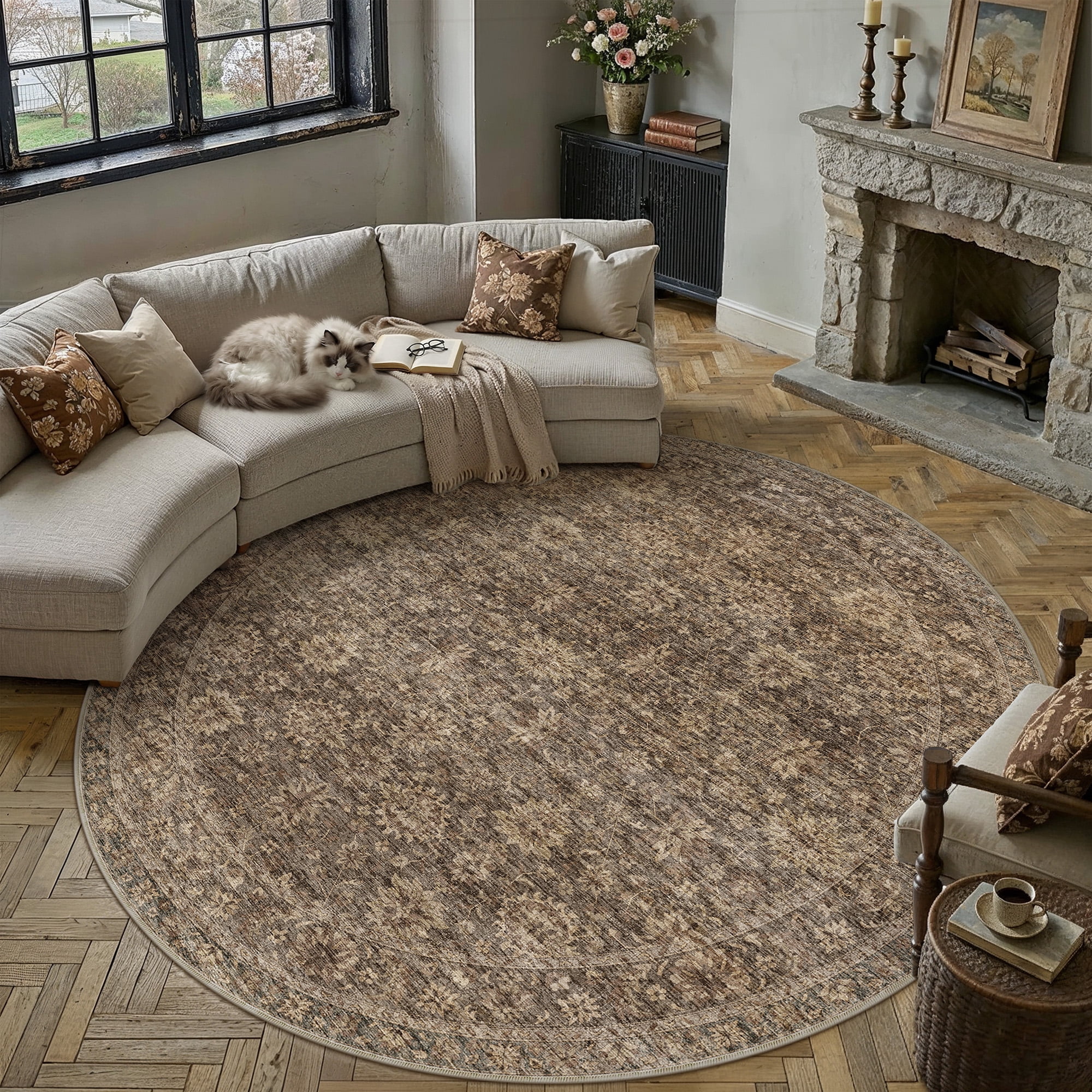 berthmeer 6'?ó6' round area rugs for living room dining room bedroom office oriental floral vintage farmhouse machine washable non-slip traditional distressed carpets, golden brown