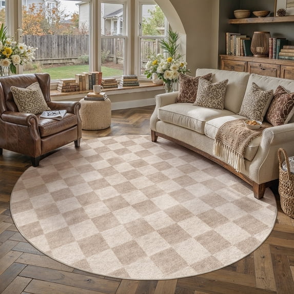 BERTHMEER 6'x6' Round Area Rugs for Living Room Dining Room Bedroom Office Geometric Modern Checkered Farmhouse Carpets Non Slip Machine Washable, Brown