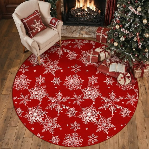 BERTHMEER 6'x6' Round Washable Christmas Area Rugs for Living Room Bedroom Office Dining Room Non-slip Red White Snowflake Rugs Carpets