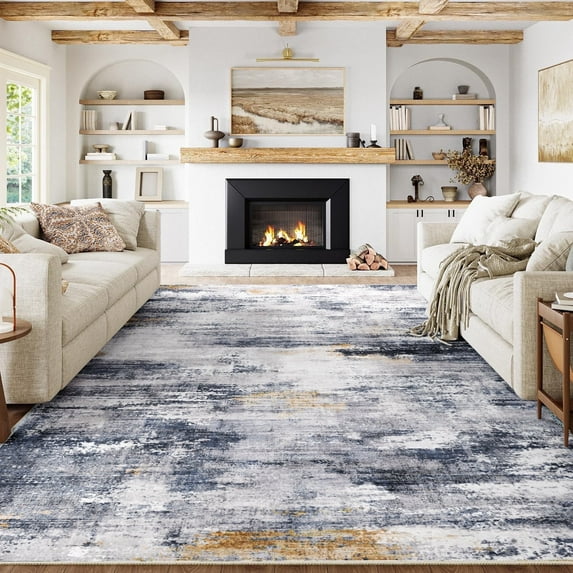 BERTHMEER 6'x9' Abstract Area Rug for Living Room,Washable Blue&Golden Contemporary Rugs for Kitchen Farmhouse Bedroom Dining Room