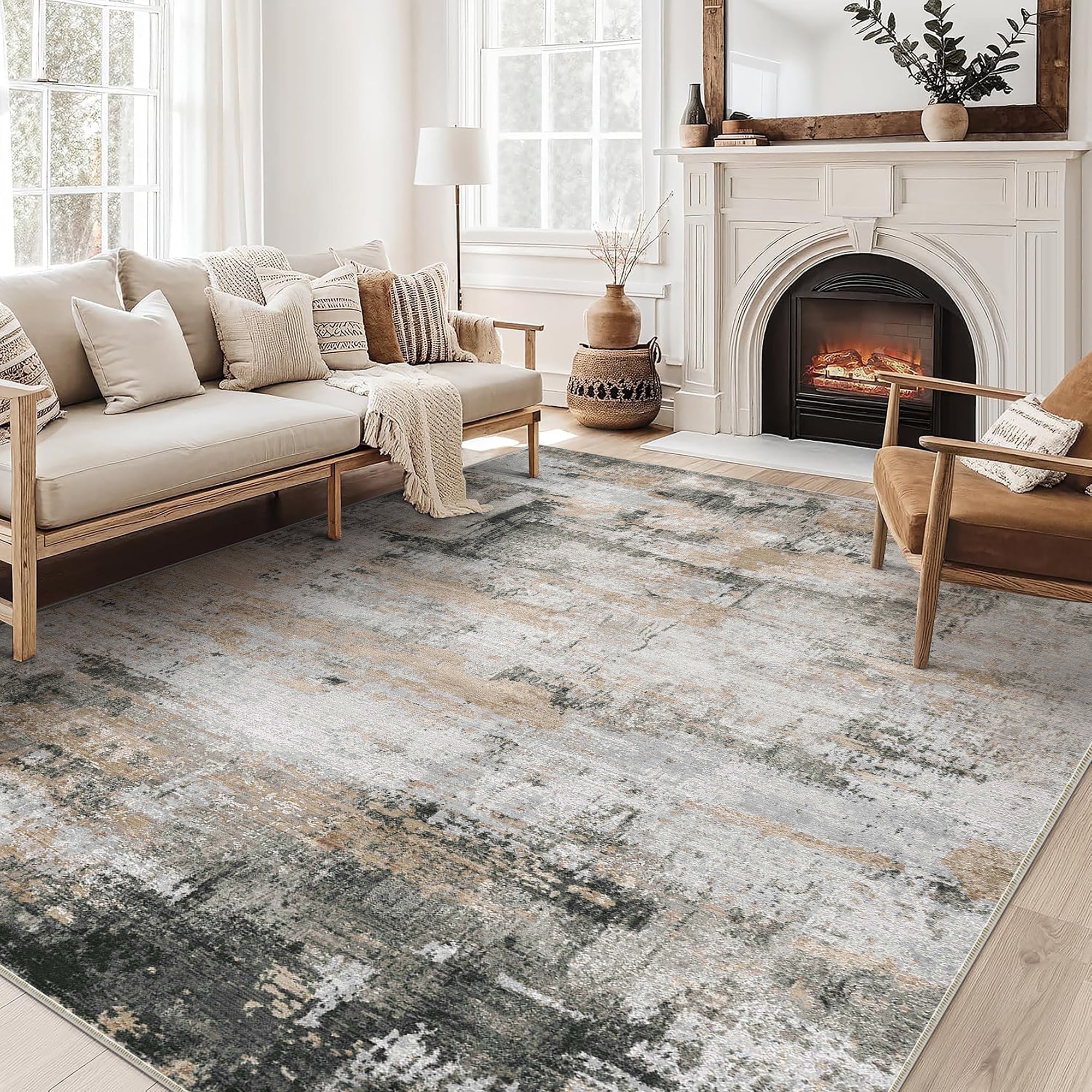 BERTHMEER 6'x9' Abstract Area Rugs for Living Room Bedroom Non Slip Washable Black and Brown Neutral Dorm Office Dining Room Farmhouse Modern Contemporary Carpets
