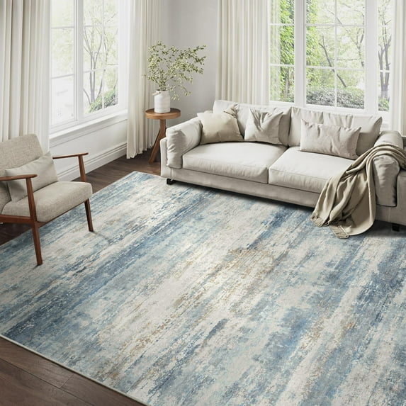 BERTHMEER 6'x9' Abstract Area Rugs for Living Room Bedroom Non Slip Washable Blue and Gold Throw Rugs Dorm Office Dining Room Farmhouse Modern Contemporary Carpets