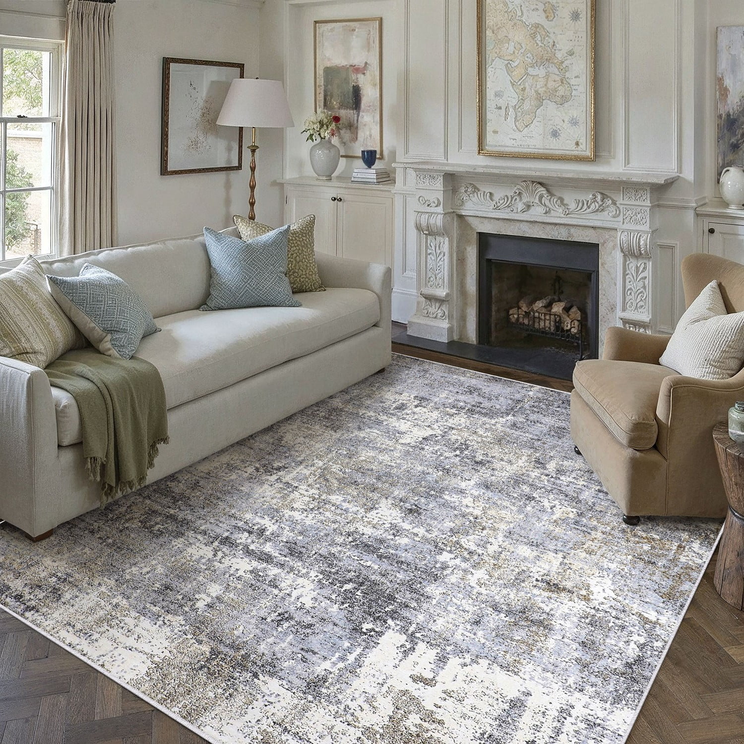 berthmeer 6'x9' abstract area rugs for living room bedroom farmhouse office stain resistant non-slip machine washable, blue gray