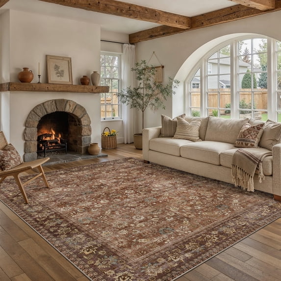BERTHMEER 6'x9' Area Rugs for Living Room Bedroom Dining Room Farmhouse Kitchen Office Oriental Vintage Traditional Floral Machine Washable Non Slip Indoor Rugs Carpets, Red