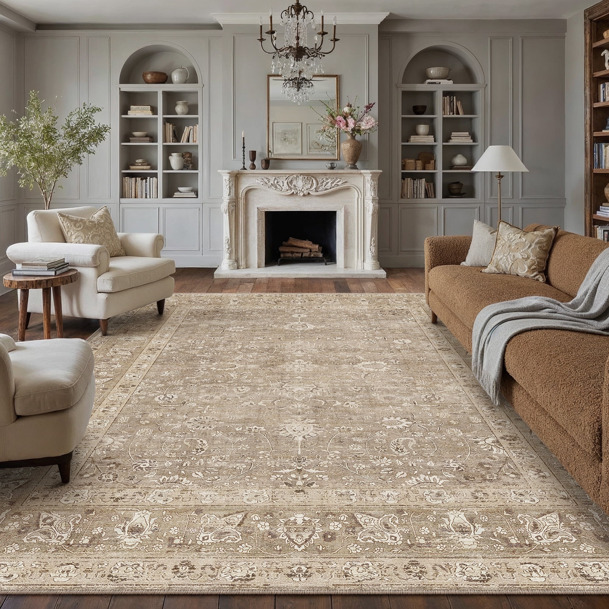 BERTHMEER 6'x9' Area Rugs for Living Room Bedroom Dining Room Office Farmhouse Oriental Traditional Vintage Brown Retro Distressed Non Slip Rugs Carpets, Brown