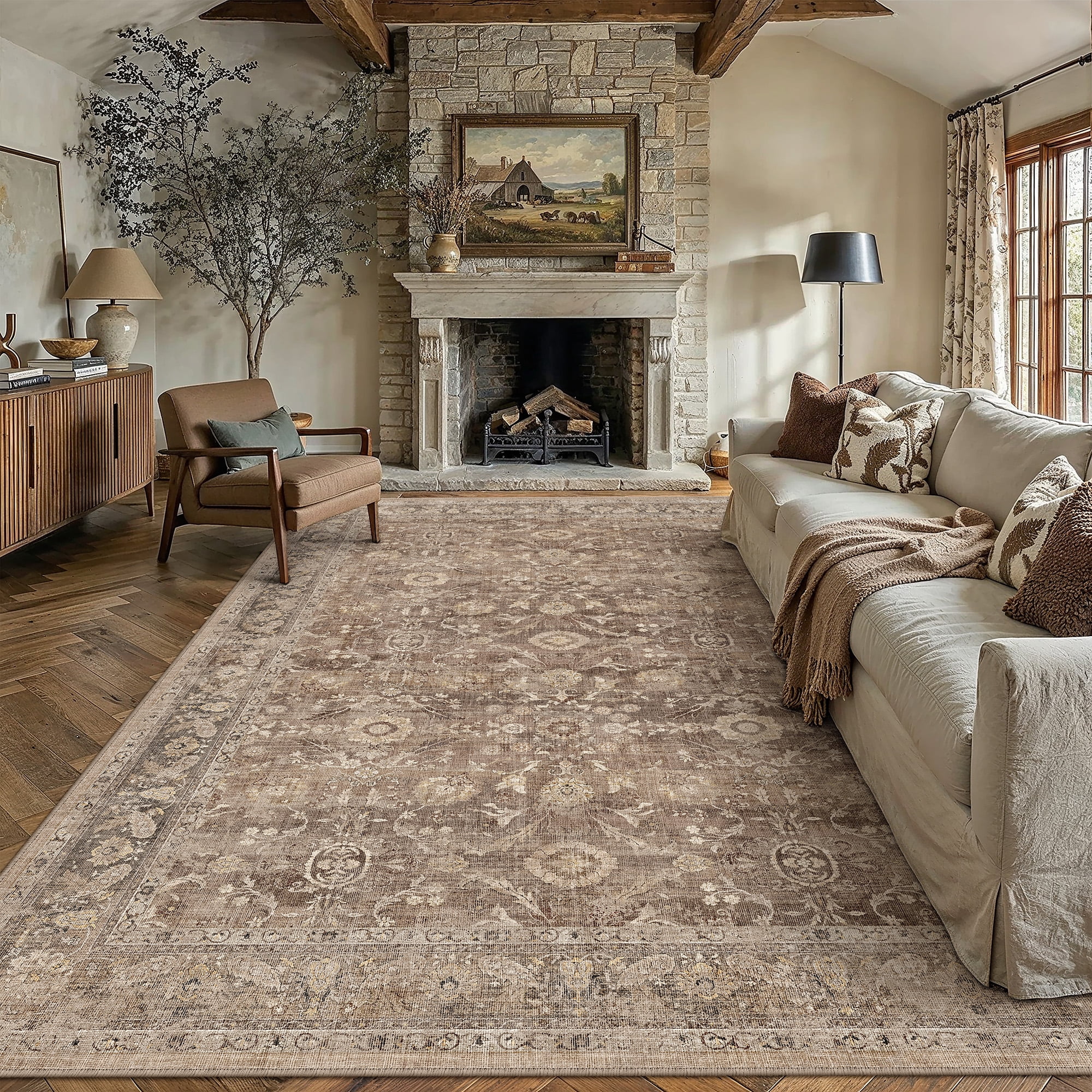 berthmeer 6'x9' area rugs for living room bedroom dining room office oriental floral vintage farmhouse machine washable non-slip traditional distressed carpets, brown