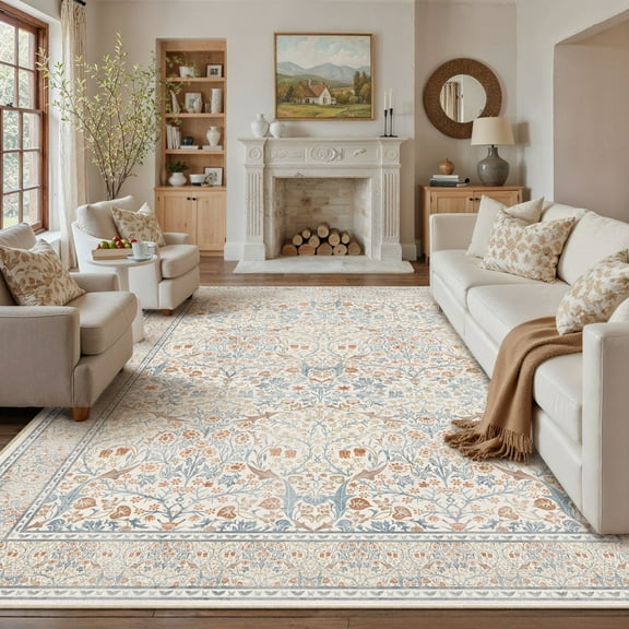 BERTHMEER 6'x9' Area Rugs for Living Room Bedroom Kitchen Rugs Clearance Washable Non Slip Beige Vintage Traditional Dorm Office Dining Room Farmhouse Oriental Rugs Carpets