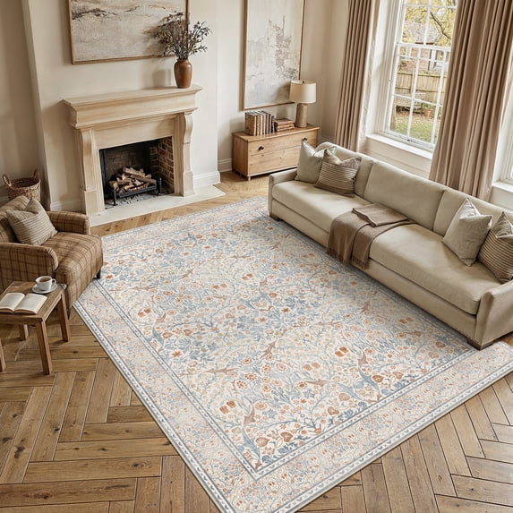 BERTHMEER 6'x9' Area Rugs for Living Room Bedroom Kitchen Rugs Clearance Washable Non Slip Beige Vintage Traditional Dorm Office Dining Room Farmhouse Oriental Rugs Carpets