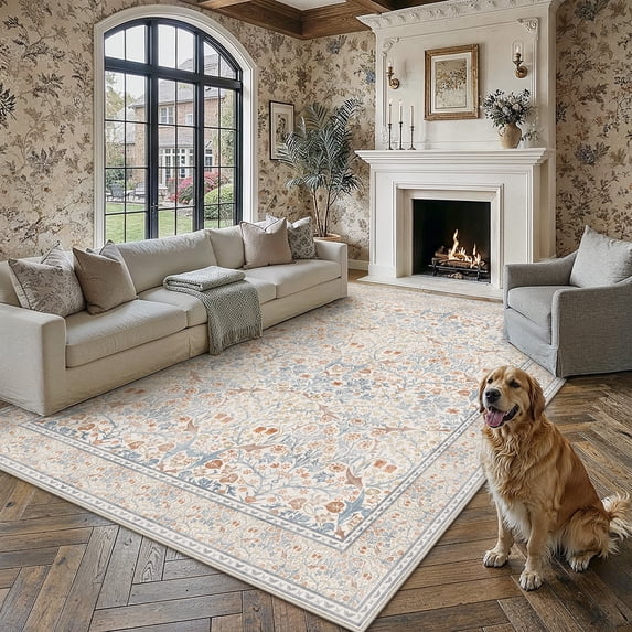 BERTHMEER 6'x9' Area Rugs for Living Room Bedroom Kitchen Rugs Clearance Washable Non Slip Beige Vintage Traditional Dorm Office Dining Room Farmhouse Oriental Rugs Carpets