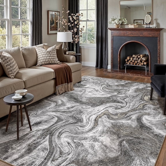 BERTHMEER 6'x9' Area Rugs for Living Room Bedroom Office Dining Room Washable Non Slip Contemporary Abstract Large Modern Indoor Rugs Carpets,Black Golden