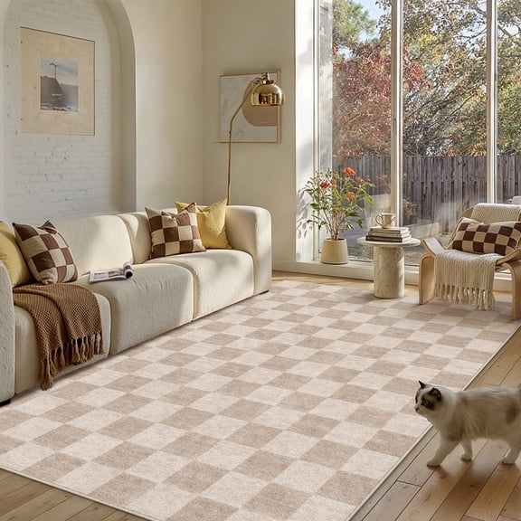BERTHMEER 6'x9' Area Rugs for Living Room Dining Room Bedroom Farmhouse Office Checkered Geometric Modern Machine Washable Non Slip Indoor Brown Carpets