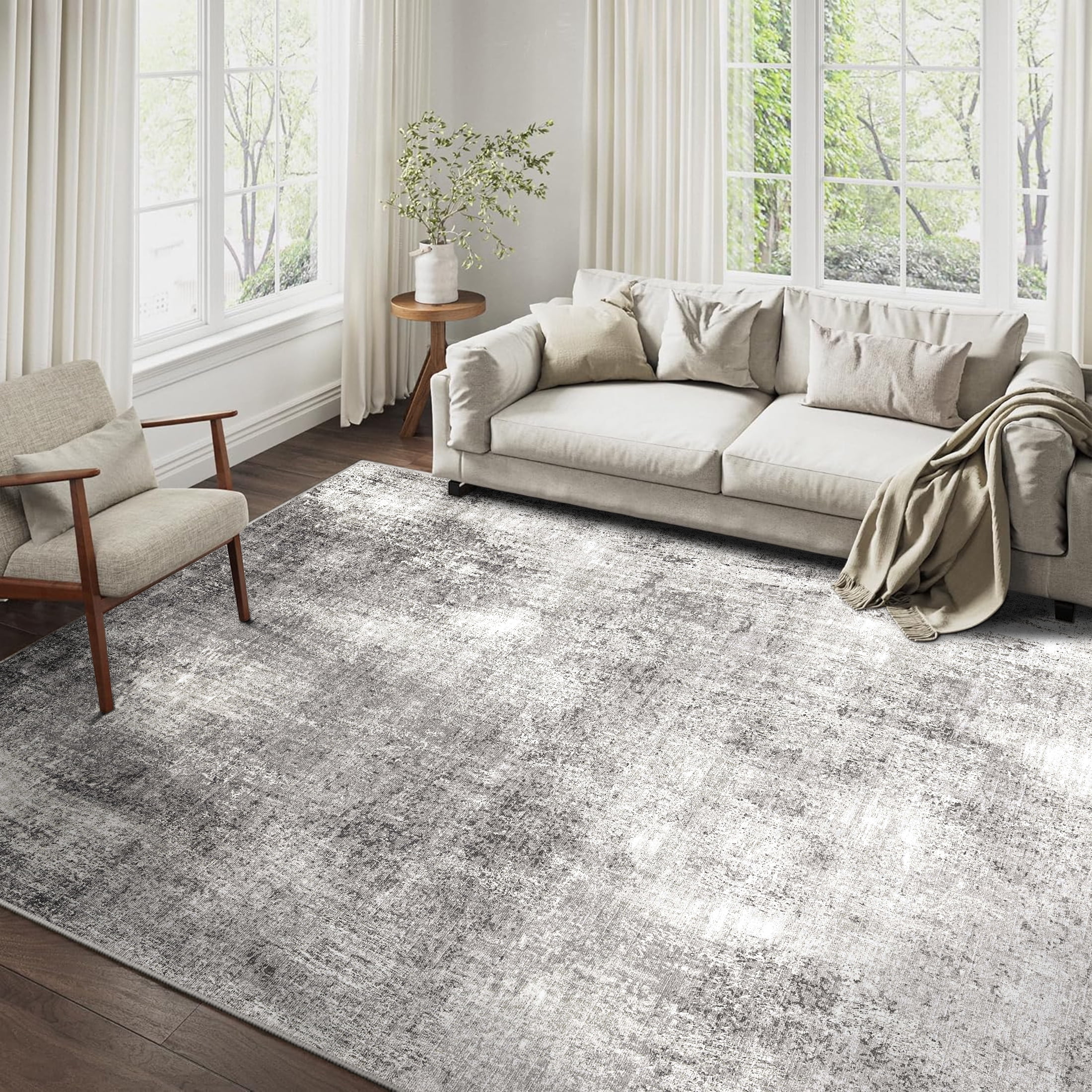 Gray Geometric Synthetic Rectangular 6' x 9' Washable Area Rug