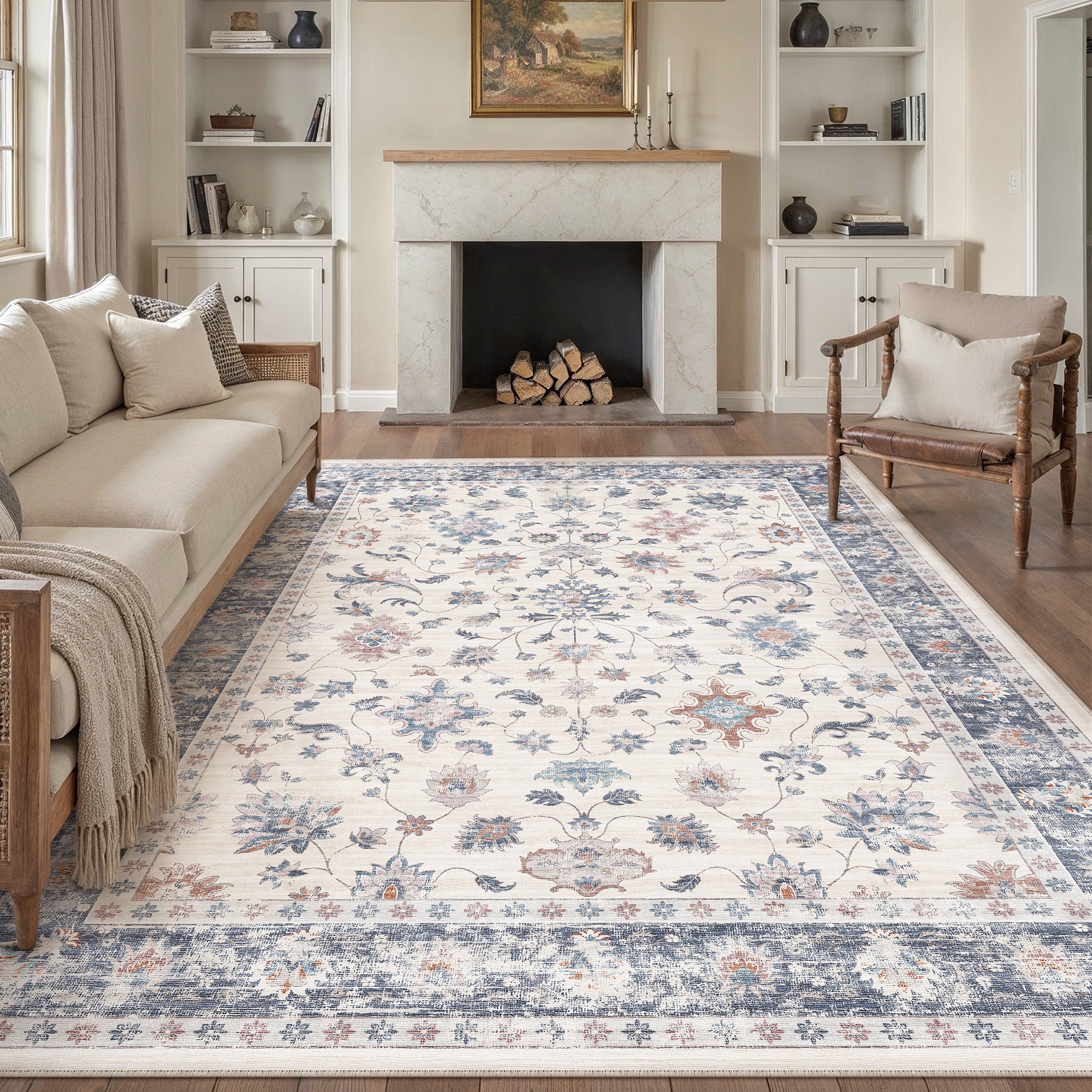BERTHMEER 6'x9' Area Rugs for Living Room Bedroom Dining Room Farmhouse Oriental Vintage Floral Machine Washable Non-slip Rugs Carpets,Blue White