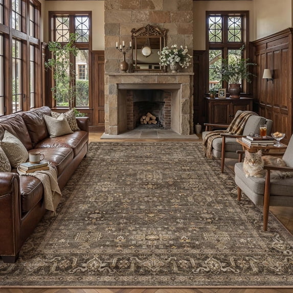 BERTHMEER 6'x9' Area Rugs for Living Room Bedroom Dining Room Farmhouse Oriental Vintage Machine Washable Non-slip Rugs Carpets,Brown