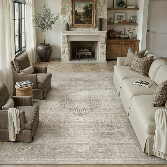 Berthmeer 6 ft x 9 ft large area rug for living room, bedroom, office, beige vintage traditional distressed washable non-slip carpet