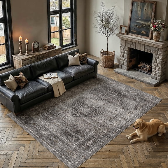 BERTHMEER 6'x9' Large Area Rugs for Living Room Bedroom Office Indoor Vintage Traditional Distressed Rugs Washable Non-slip,Brown Carpets
