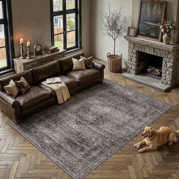 BERTHMEER 6'x9' Large Area Rugs for Living Room Bedroom Office Indoor Vintage Traditional Distressed Rugs Washable Non-slip,Brown Carpets