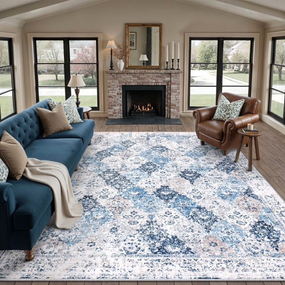 BERTHMEER 6'x9' Blue Vintage Oriental Area Rugs for Living Room Bedroom Dining Room Farmhouse Distressed Rugs Machine Washable non-slip