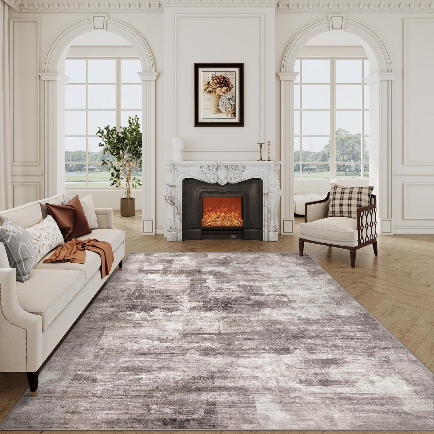 BERTHMEER 6'x9' Brown Abstract Area Rugs for Living Room Bedroom Dining Room Farmhouse Modern Contemporary Rugs Machine Washable non-slip