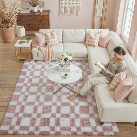 BERTHMEER 6'x9' Checkered Rug for Living Room, Modern Pink and White Checkerboard Shag Rug Non-Slip Area Rug Soft Indoor Fluffy Rugs for Bedroom Carpet Home Dorm Aesthetic Decor