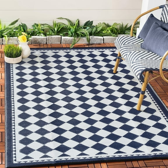 BERTHMEER 6'x9' Checkered Deep Blue White Outdoor Rugs on Sale Clearance Diamond Waterproof Area Rugs Patio Rugs Plastic Straw Rugs Camping Rugs，Porch，Deck Rugs，RV Rugs for outside