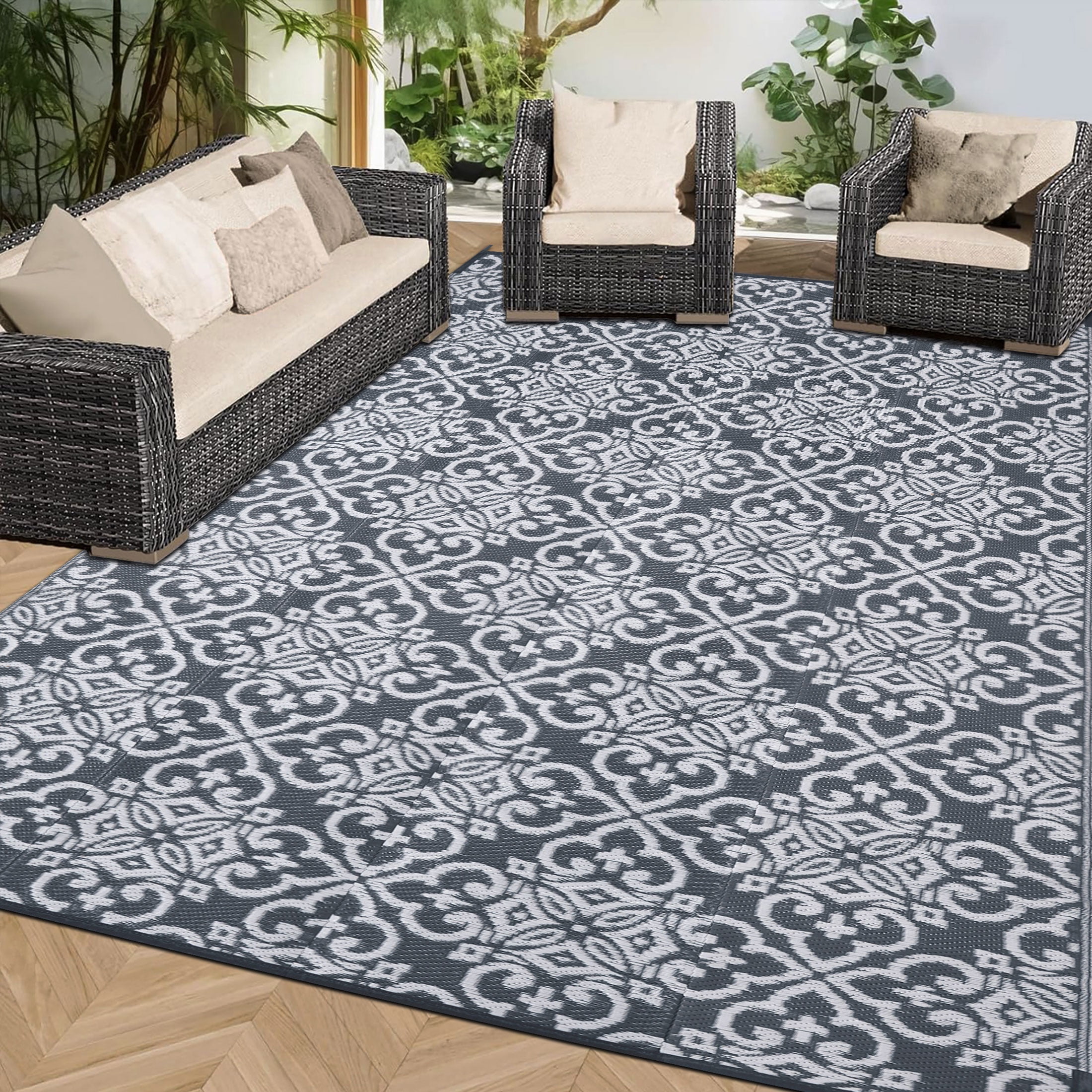 BERTHMEER 6'x9' Reversible Gray Plastic Outdoor Rug, Waterproof Patio