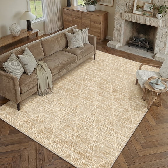 BERTHMEER 6'x9' Modern Area Rugs for Living Room Beige Rugs for Bedroom Checkered Rhombus Pattern Kitchen Non Slip Washable Contemporary Geometric Carpets Office Farmhouse Dorm Dining Room Rugs