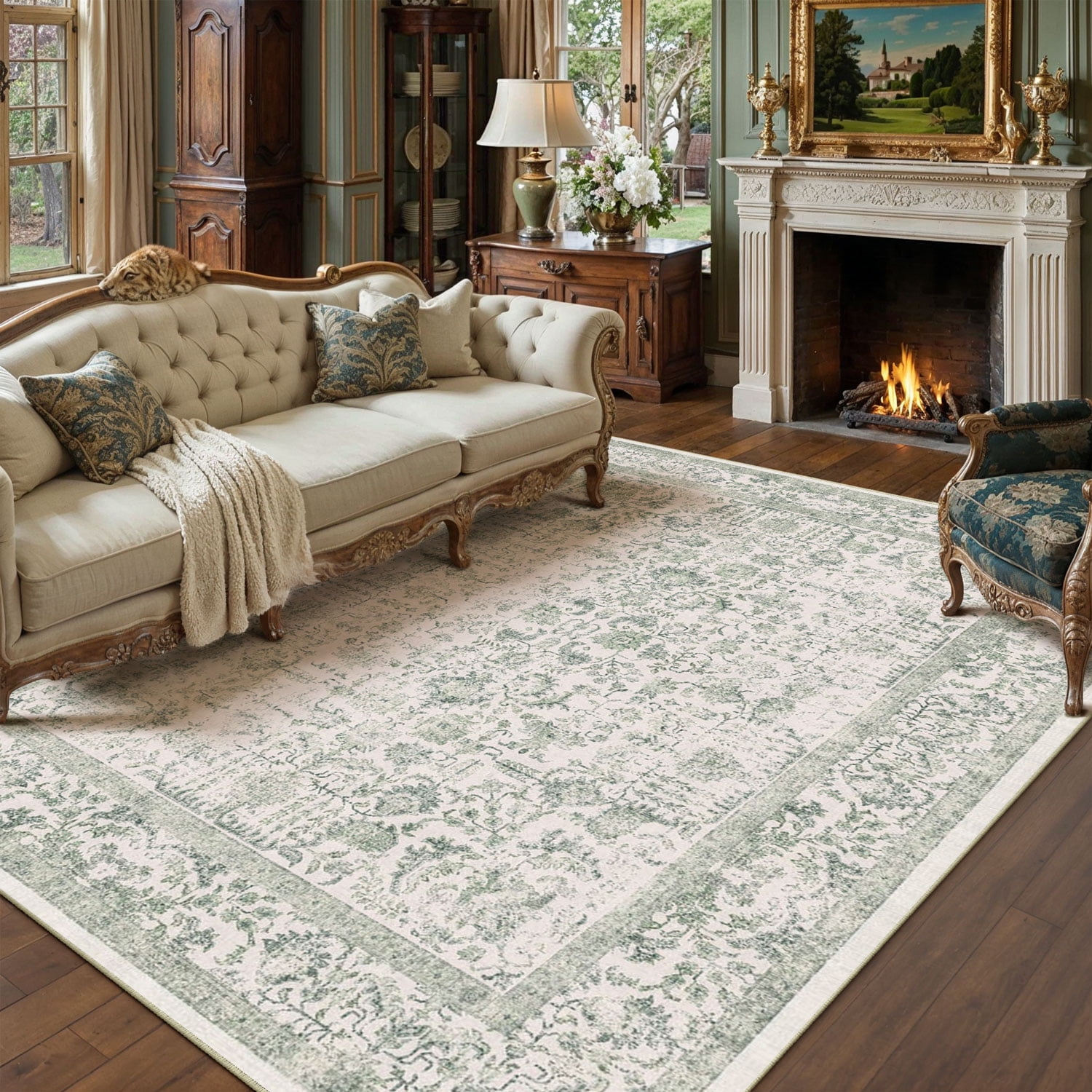 BERTHMEER 6'x9' Oriental Area Rugs Washable Vintage Rugs for Living Room Farmhouse Dining Room Office Throw Rugs Non-slip, Green