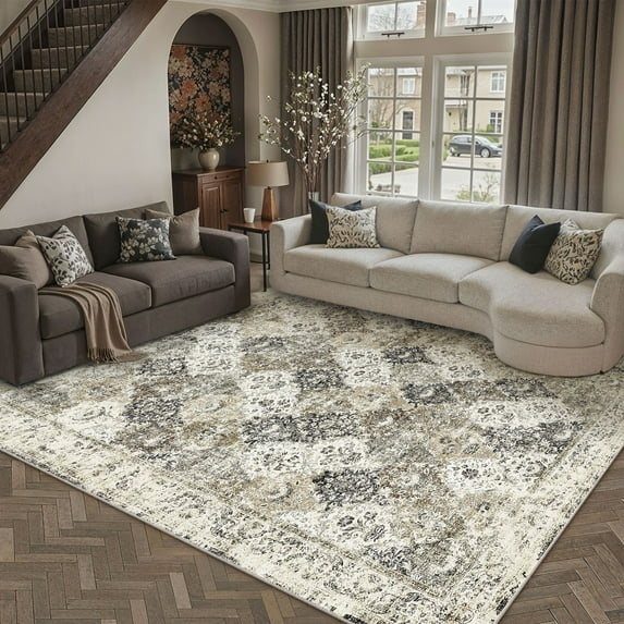 BERTHMEER 6'x9' Oriental Area Rugs for Living Room Bedroom Dining Room Farmhouse Vintage Distressed Rugs Machine Washable non-slip, Brown Multi