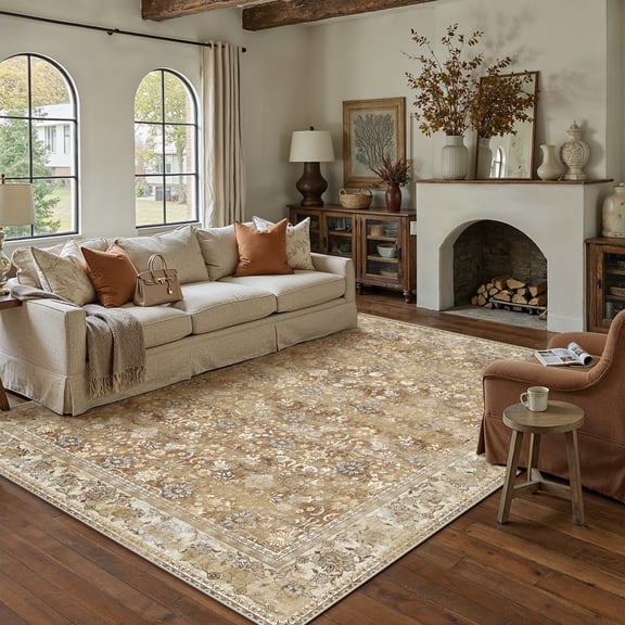 BERTHMEER 6'x9' Oriental Vintage Floral Area Rugs for Living Room Bedroom Dining Room Farmhouse Traditional Rugs Machine Washable non-slip,Taupe