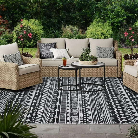 BERTHMEER 6'x9' Outdoor Plastic Rugs on Sale Clearance Bohemian Waterproof Patio Rugs, Camping Rugs, Porch Rugs, RV Rugs for outside Pool Rugs, Black
