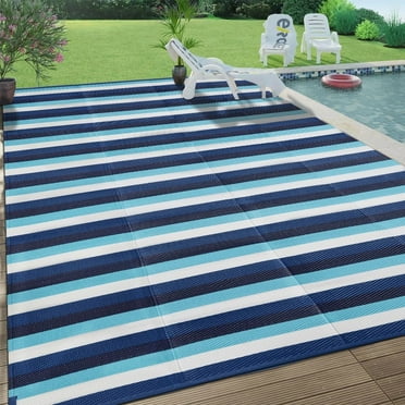 BERTHMEER 6'x9' Outdoor Plastic Straw Rugs Clearance,Waterproof Patio Rug Reversible for Deck,RV,Camping,Beach,Picnic,Porch,Garden and Balcony,Blue&White Stripes