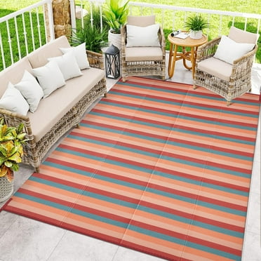 BERTHMEER 6'x9' Outdoor Plastic Straw Rugs Clearance,Waterproof Patio Rug Reversible for Deck,RV,Camping,Beach,Picnic,Porch,Garden and Balcony,Red&Orange Stripes