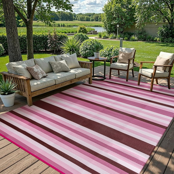 BERTHMEER 6'x9' Outdoor Plastic Straw Rugs,Waterproof Reversible Patio Carpets for RV,Deck,Beach,Picnic,Porch,Garden,Camping and Balcony,Pink White