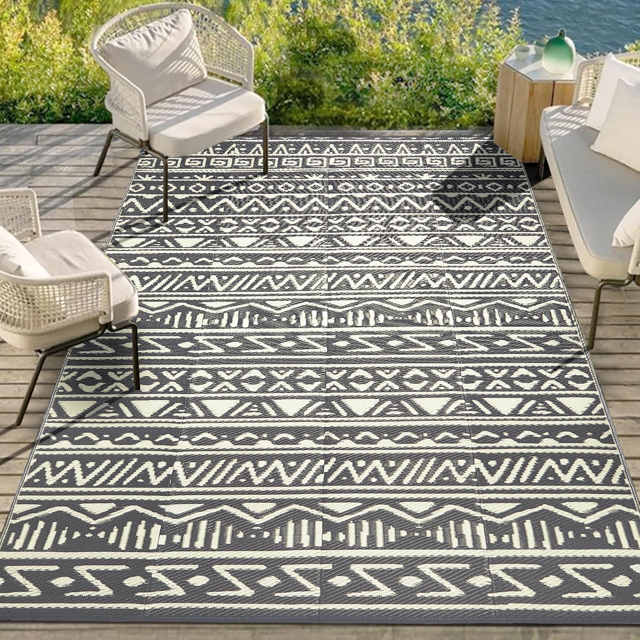 Straw Outside Rug HaiiMeid 6'x9' Waterproof Straw Rugs for Outdoor Spaces, Gray & Beige ...
