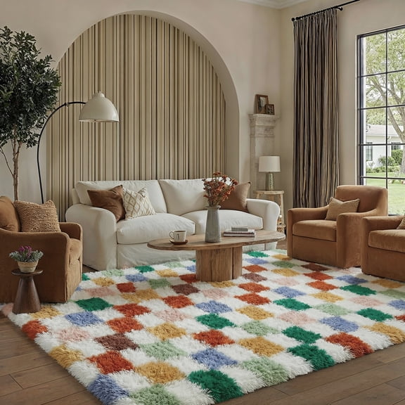 BERTHMEER 6'x9' Area Rugs for Living Room Bedroom High-Plie Ultra-Soft Fluffy Shag Rugs Checkered Carpets,Green Multicolor