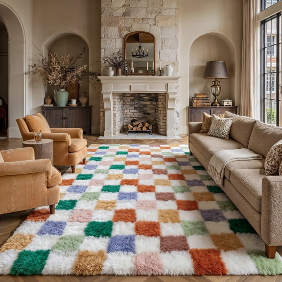 BERTHMEER 6'x9' Area Rugs for Living Room Bedroom High-Plie Ultra-Soft Fluffy Shag Rugs Checkered Carpets,Green Multicolor