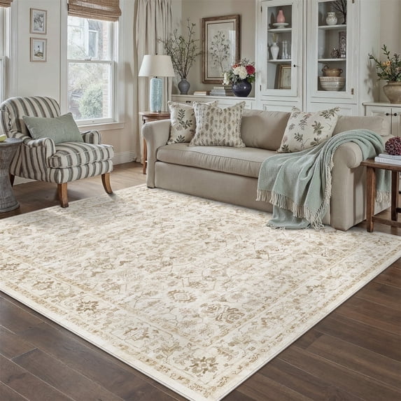BERTHMEER 6'x9' Vintage Area Rugs for Living Room Beige Rugs for Bedroom Kitchen Washable Non Slip Carpets Office Farmhouse Dorm Dining Room Oriental Traditional Distressed Rugs