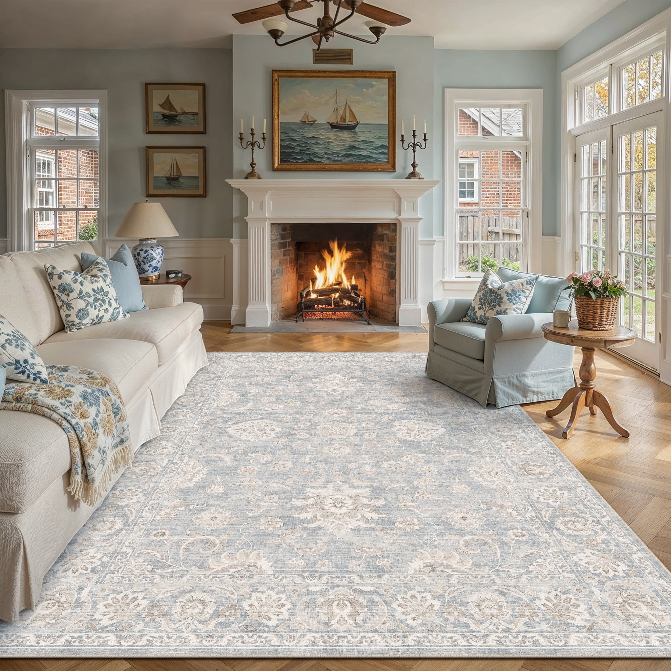 BERTHMEER 6'x9' Vintage Area Rugs for Living Room Blue Rugs for Bedroom Kitchen Non Slip Washable Carpets Office Farmhouse Dorm Dining Room Oriental Traditional Distressed Rugs