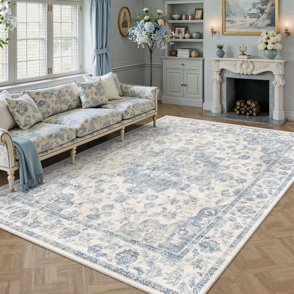 BERTHMEER 6'x9' Vintage Area Rugs for Living Room Blue Rugs for Bedroom Kitchen Non Slip Washable Carpets Office Farmhouse Dorm Dining Room Oriental Traditional Distressed Rugs