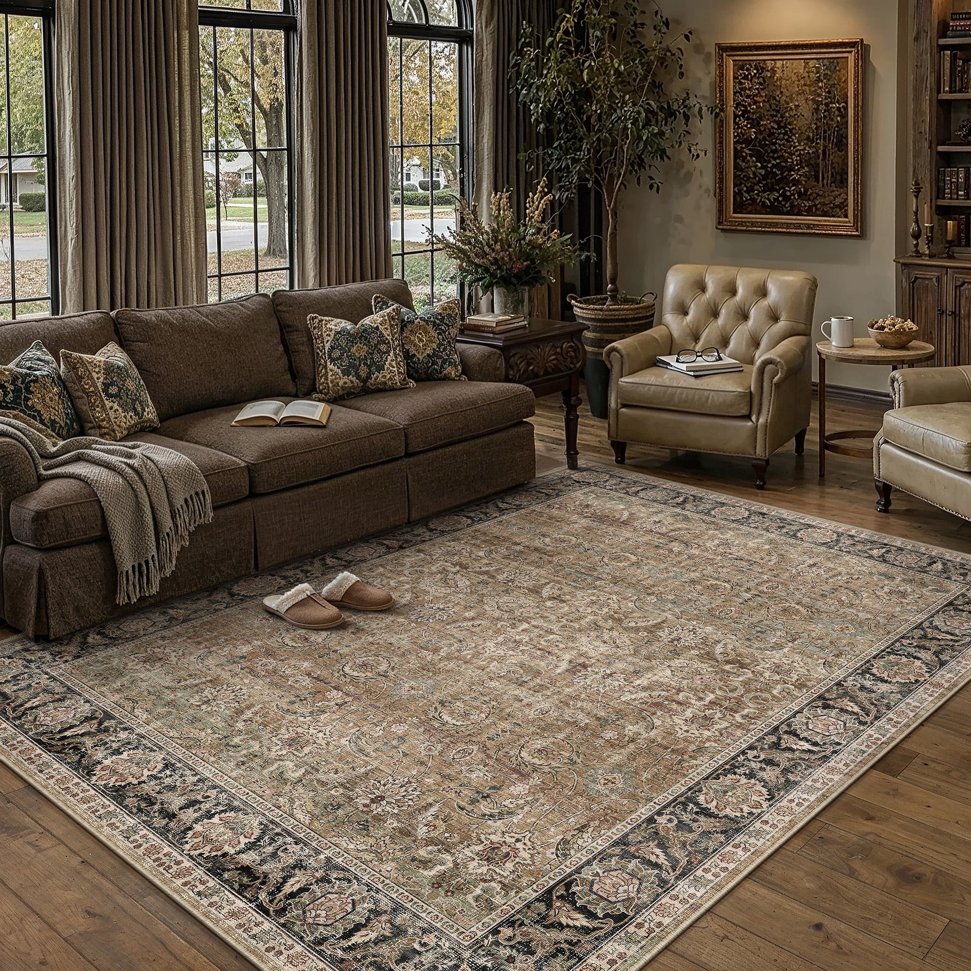 berthmeer 6'x9' vintage area rugs for living room brown and green rugs for bedroom kitchen non slip washable carpets office farmhouse dorm dining room oriental traditional distressed rugs
