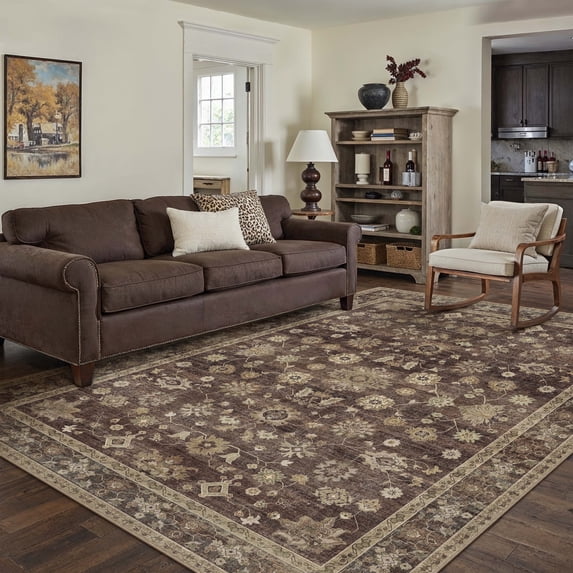 BERTHMEER 6'x9' Vintage Area Rugs for Living Room Brown Rugs for Bedroom Kitchen Non Slip Washable Carpets Office Farmhouse Dorm Dining Room Oriental Traditional Distressed Rugs