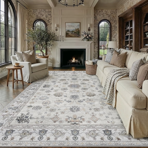 BERTHMEER 6'x9' Vintage Area Rugs for Living Room Gray Rugs for Bedroom Kitchen Non Slip Washable Carpets Office Farmhouse Dorm Dining Room Oriental Traditional Distressed Rugs