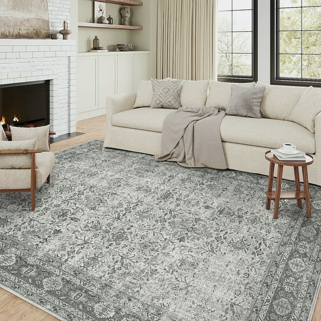 BERTHMEER 6'x9' Vintage Area Rugs for Living Room Bedroom Dining Room Farmhouse Washable Rugs Non-slip, Gray