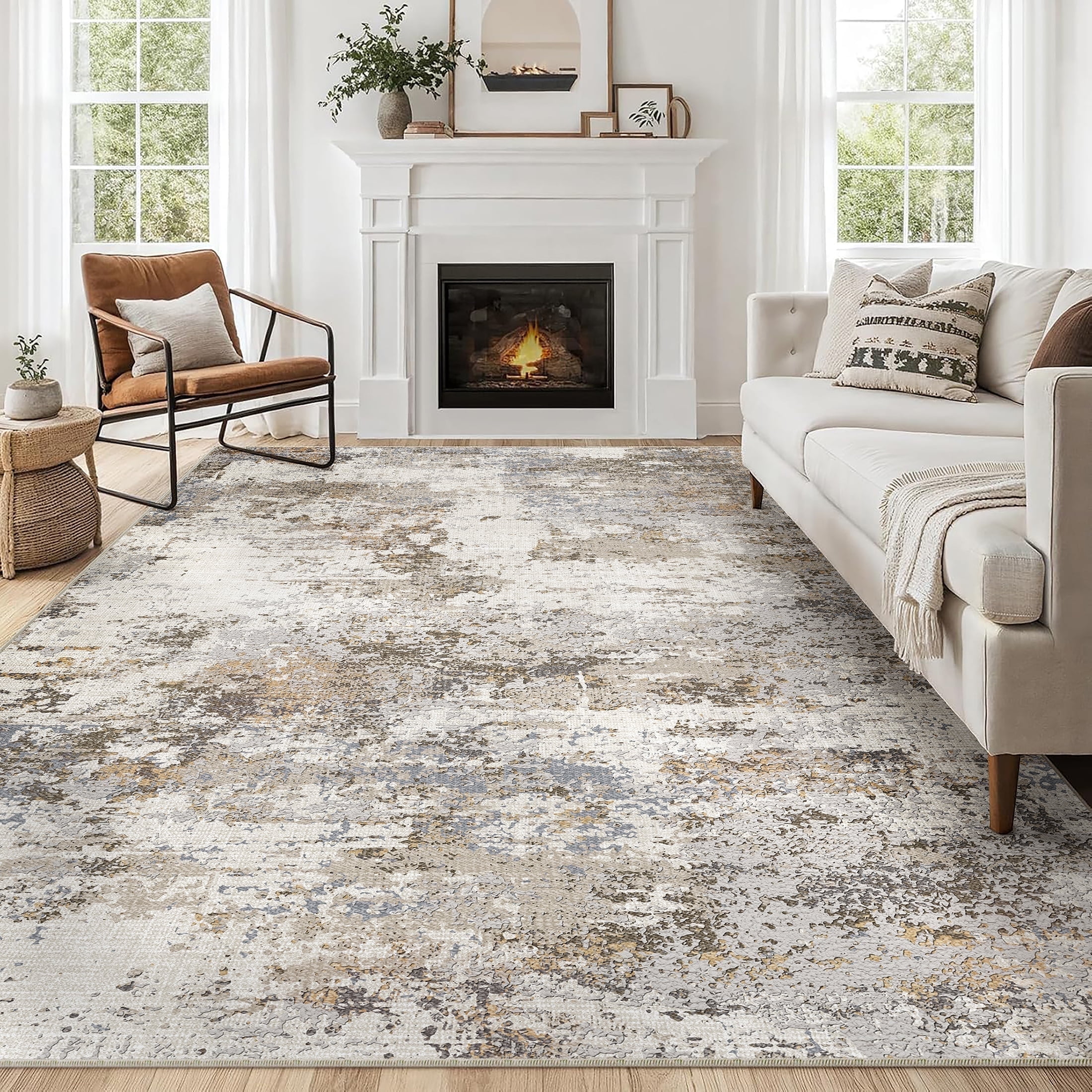 BERTHMEER 6'x9' Washable Area Rugs for Living Room Bedroom Kitchen Rugs Non Slip Gray Dorm Office Dining Room Farmhouse Brown Modern Abstract Contemporary Rugs