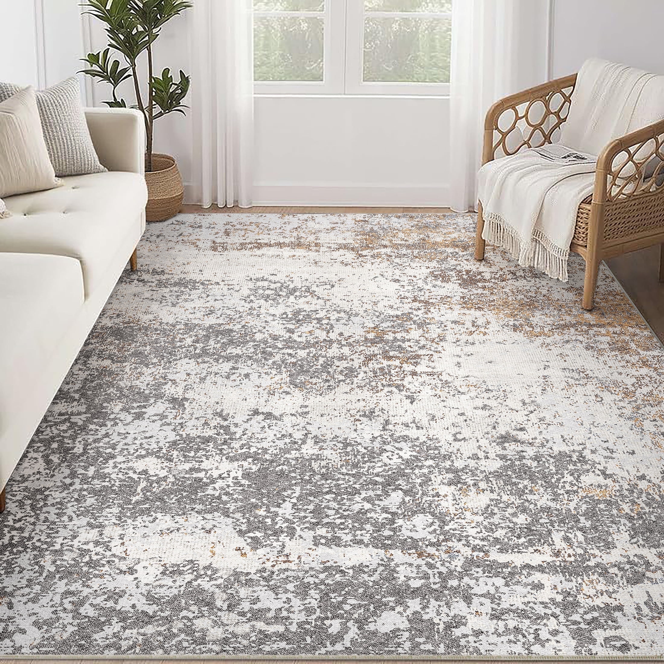 BERTHMEER 6'x9' Washable Area Rugs for Living Room Bedroom Kitchen Rugs Non Slip Gray Dorm Office Dining Room Farmhouse Gold Modern Abstract Contemporary Rugs