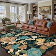 BERTHMEER 6'x9' Washable Area Rugs for Living Room Scalloped Floral Vintage Black Rugs for Bedroom Non Slip Carpets Office Farmhouse Dining Room Oriental Traditional Flower Multicolor Rugs