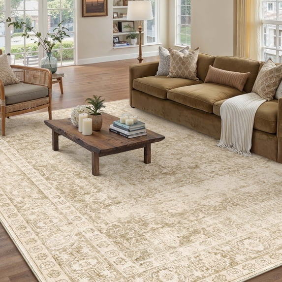 BERTHMEER 6'x9' Washable Area Rugs for Living Room Vintage Beige Bedroom Kitchen Rugs Non Slip Carpets Office Farmhouse Dorm Dining Room Oriental Traditional Distressed Rugs