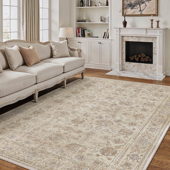 BERTHMEER 6'x9' Washable Area Rugs for Living Room Vintage Beige Bedroom Kitchen Rugs Non Slip Carpets Office Farmhouse Dorm Dining Room Oriental Traditional Distressed Rugs
